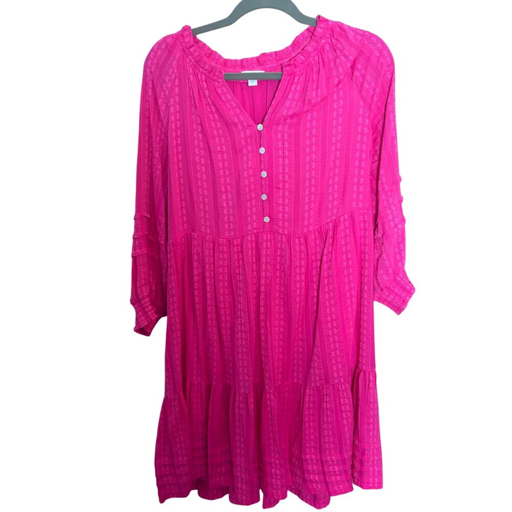 Hot Pink Boho Babydoll Tunic Dress M Textured Floral Stripe Peasant 3/4 sleeve
